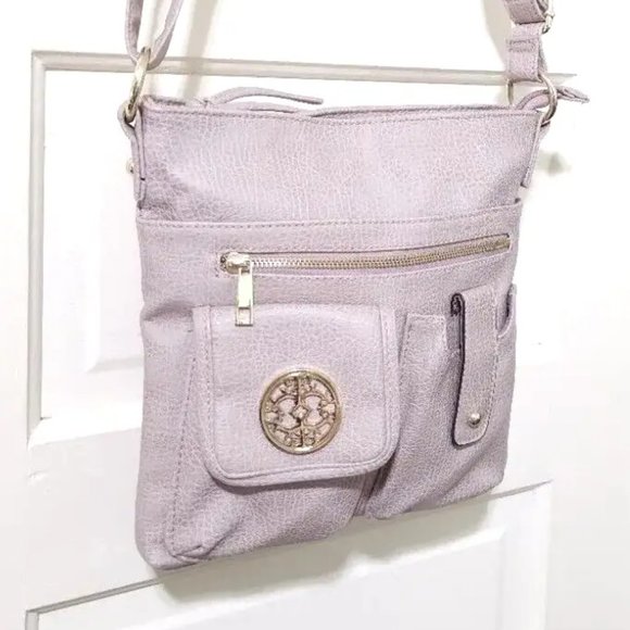 NEW BLUSH Gold Medium FAUX Leather Crossbody Shoulder Bag Purse Top Zip Pockets - Picture 7 of 13